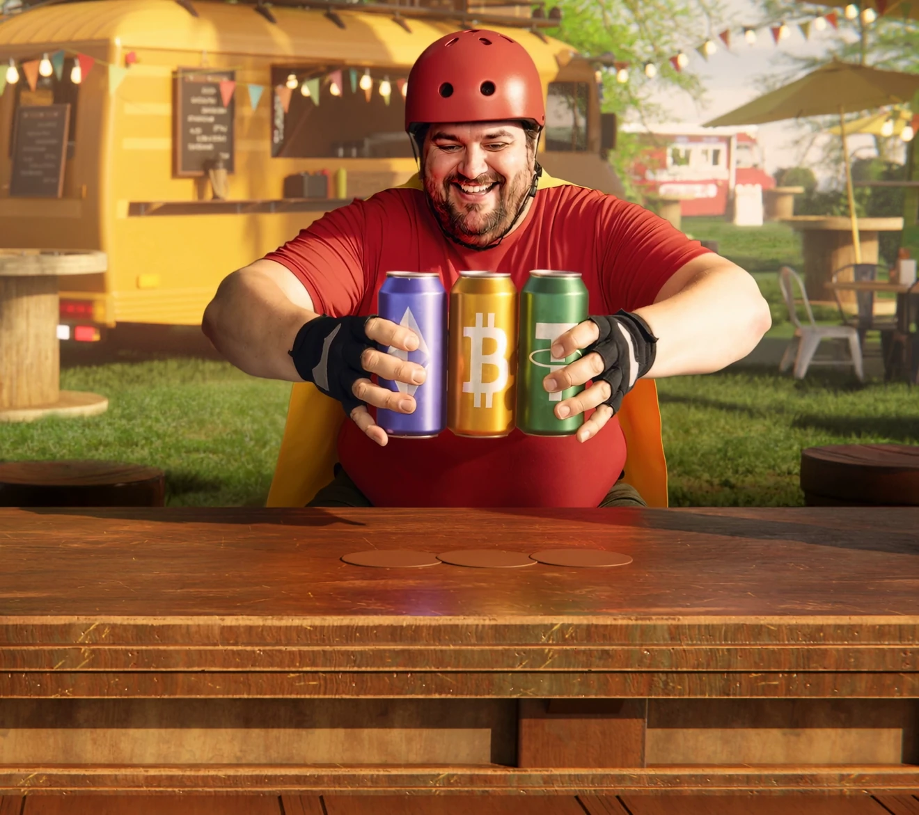 Street-food market scene for the crypto casino starter: three cans marked with Ethereum, Bitcoin and Tether symbols are lined up on the bar by the grinning mascot