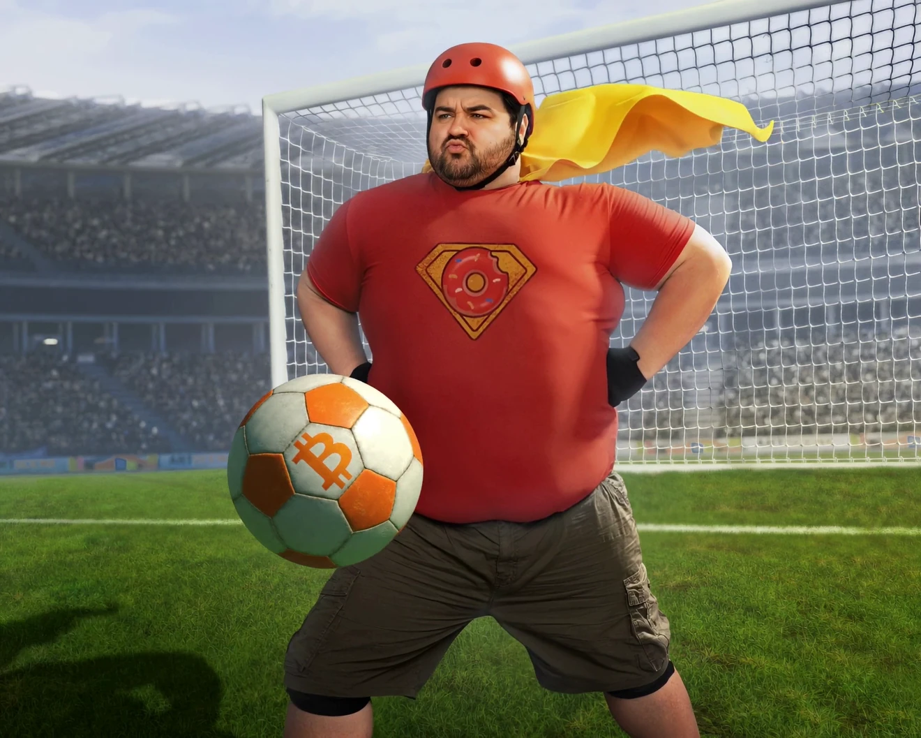 Stadium scene for the crypto sports starter: goalmouth behind him, the caped mascot rests a Bitcoin-branded football on his hip